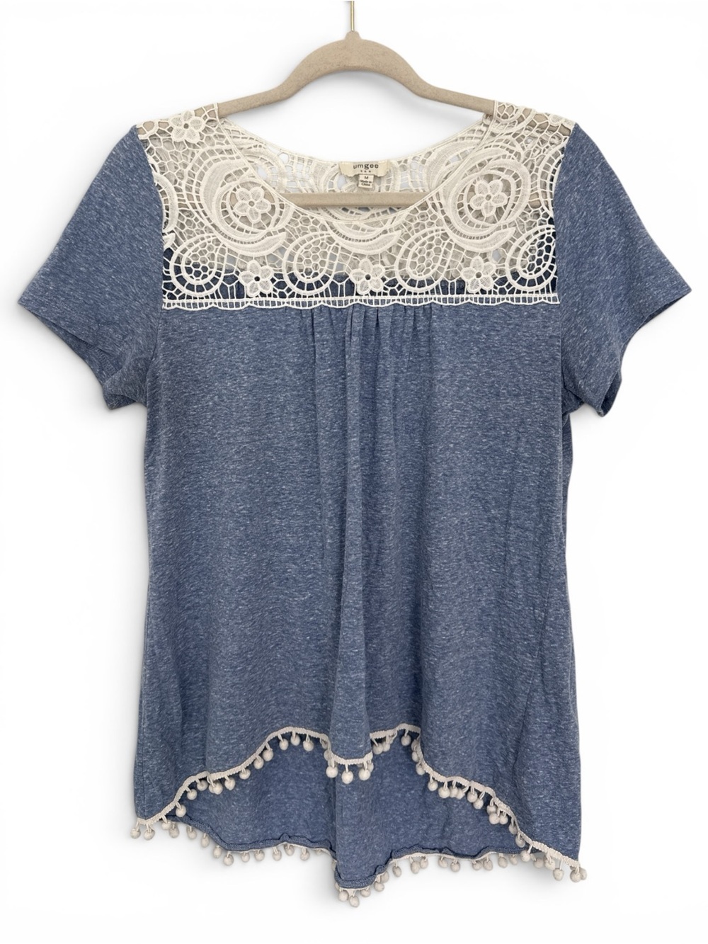 Umgee Blue Short Sleeve Top with Cream Lace Yoke & Pom Pom Hem | Size Medium